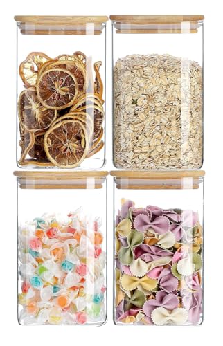 Image of Premium 350ML Glass Food Storage Jars with Airtight Bamboo Lid Set of 4 Glass Storage jar Clear For Serving Tea, Coffee, Flour, Sugar, Candy,Cookie,Spice (350 ML, Set of 4)