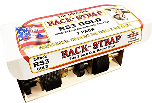 2 Pack, Rack-Strap Ladder Rack Tie-Downs, Round Mounting Bracket, Rs3 Gold 2 Inch Diameter Round Mounting Bracket, Bolt Mounting Hardware Included, 8 Foot Black Strap #TOP28