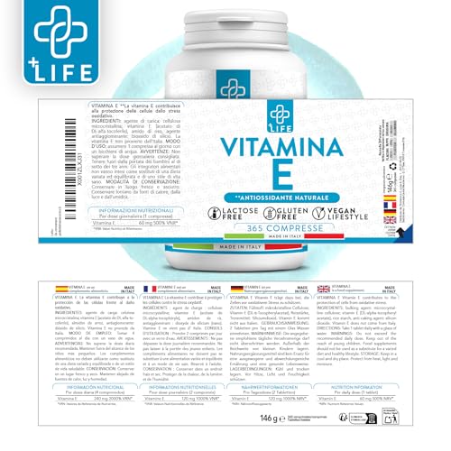 Vitamine E Pure 120mg Par Dose 178UI PiùLife, 365 Comprimés Complément Alimentaire Vitamine E Visage Peau, Yeux Vue, Vitamine Cheveux, Bien-être Antioxydant, 2 Comprimés Par Jour – Image 5