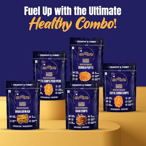 Image of Evolve Chips Combo - Healthy Snacks for Kids, Adults | Baked Bhakarwadi, Ragi & Oats Chips, Quinoa Chips, Soya Corn | Fresh, Roasted, No Artificial Colors - 100g Pack of 5