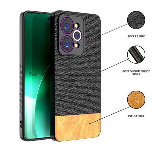 Image of Kapa Soft Fabric & Leather Hybrid Protective Back Cover for Realme 15 Pro 5G | Shockproof Slim Hard Anti Slip Back Case (Black,Brown)