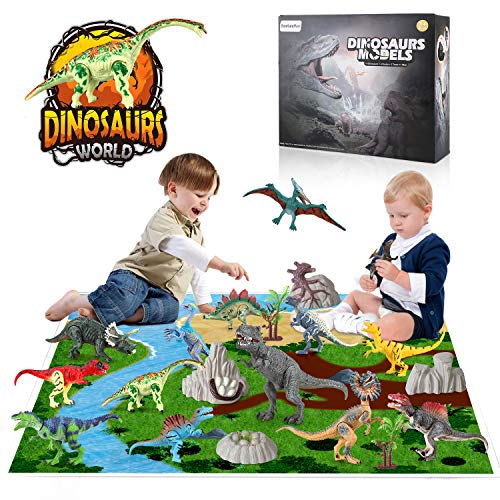 BeebeeRun 21 Pieces Realistic Dinosaur Figures Set with Movable Jaws Included Stone and Plant Fossil and Map Dinosaur Toys Birthday Party Gift for Boys Girls