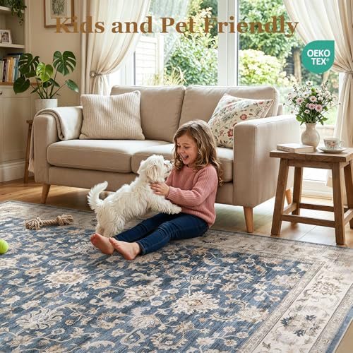 Image of WITSHOCK Washable Area Rug 8x10 Non-Slip Floral Play Room Carpet, Blue