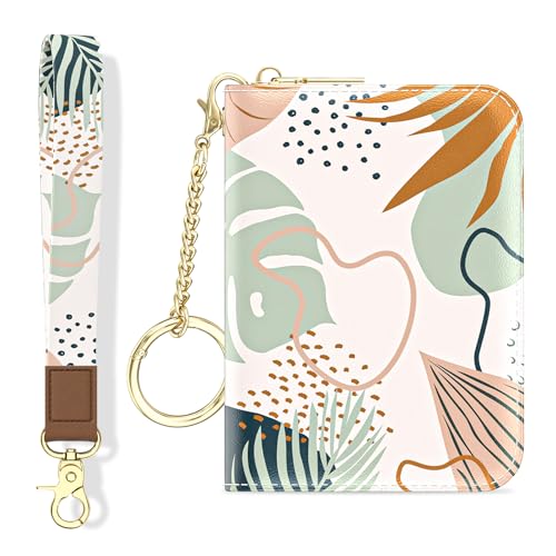 Image of Aiawoxc Credit Card Holder, Small RFID Wallet Slim Leather Card Organizer Case with Zipper and Wristlet Strap, Boho Leaves