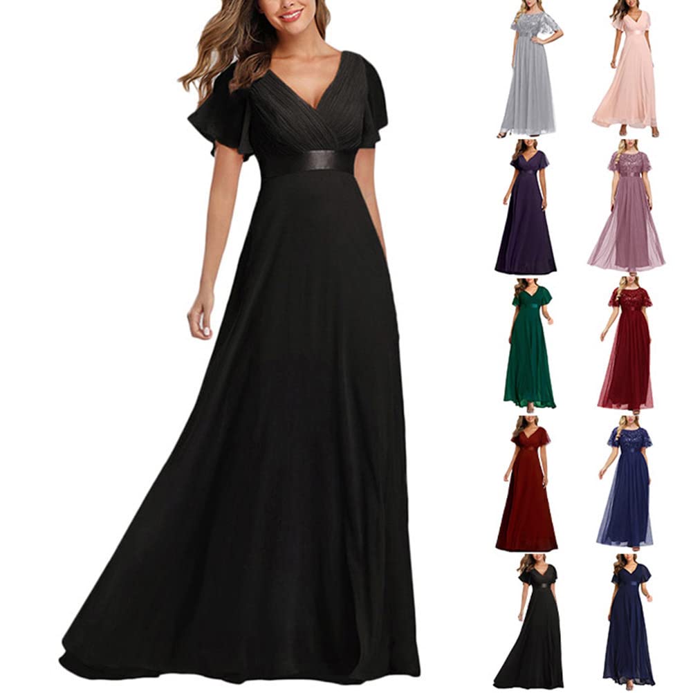 ORANDESIGNE Damen Abendkleid A-Linie Spitze Kurzarm Partykleid Spitzenkleid Brautjungfer Elegant Party Langes Kleid Cocktailkleid Chiffon Abendkleid Cocktailkleid Sommerkleid