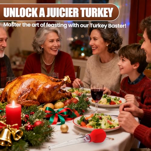 SCHVUBENR Large Turkey Baster for Cooking - 2-in-1 Baster Tool with Basting Brush Head - Baster Syringe for Hot Liquids - Includes 2 Meat Injector Needles - Thanksgiving, Christmas Essentials - Red