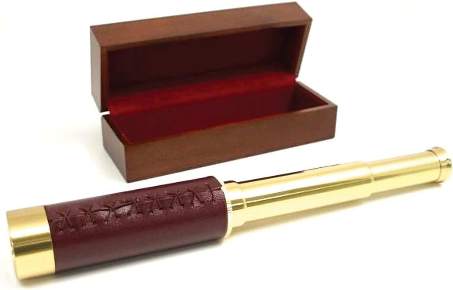 Bey-Berk 30 mm Brass Telescope with 25X Magnification and Leather Trim in Wood Presentation Box (D830)