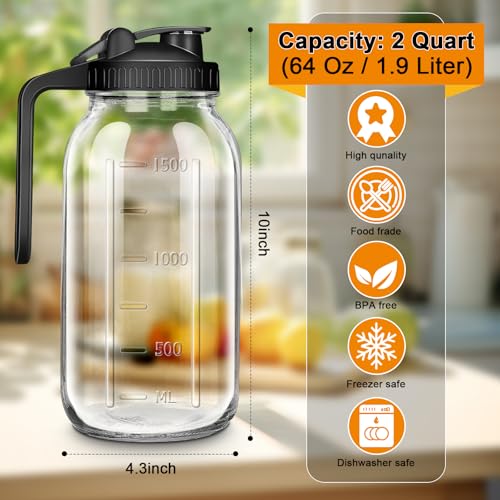 64oz Glass Pitcher with Lid, 2 Quart Mason Jar Pitchers with Lid and Spout, Wide Mouth Breast Milk Pitcher Glass Jug Sun Tea Pitchers, Cold Brew Coffee pitcher, Fridge Container for Water, Juice, Tea by NIJIALGEXPY - Image 2