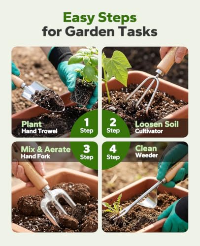 YAUNGEL Gartenwerkzeug Set, 10 Stück Schwerlast Edelstahl Gartenarbeit Kit mit Non-Slip Holzgriff- Garten Geschenke Verpackung für Frauen Männer, Grün