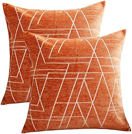 MERNETTE Pack of 2, Chenille Soft Decorative Square Throw Pillow Cover Cushion Covers Pillowcase, Home Decor Decorations For Sofa Couch Bed Chair 18x18 Inch/45x45 cm (Striped Orange)