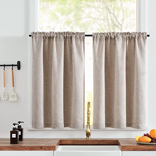 jinchan Faux Linen Kitchen Curtains 24 Inch Length Farmhouse Tier Curtains Privacy Cafe Light Reducing Short Window Drapes for Bathroom Laundry Room Rod Pocket 2 Panels Cream 34"W x 24"L (Pa