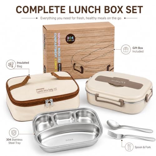 Premium 304 Stainless Steel Bento Box for Adults - 4 Compartment Leakproof Lunch Box Container with Insulated Lunch Bag, Fork and Spoon - Portable Metal Meal Prep Box for Work, Picnic, Beige — view 6