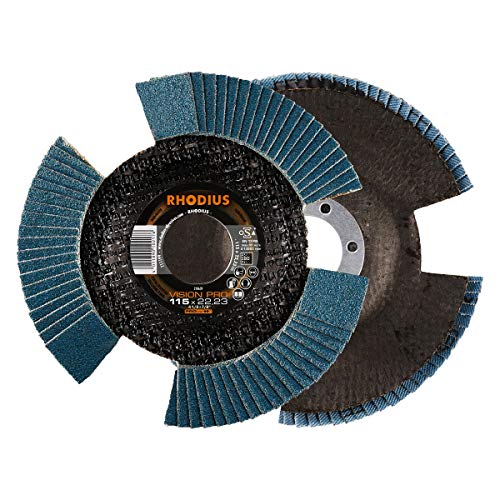RHODIUS VISION PRO, 5 Stück Ø 115 mm K80 Fächerscheiben durchsichtig, Made in Germany, Metall Edelstahl Stahl INOX, für Winkelschleifer, Schleifscheibe, Fächerschleifscheibe