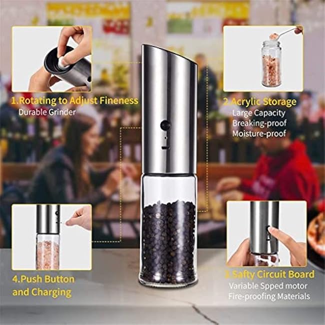 WUDILU Automatic Adjustable Electric Pepper Salt Grinder Mill Seasoning Grinding for Cooking USB Rechargeable Mills Kitchen Tools
