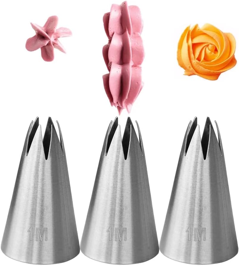 1M Piping Tip for Cake Decorating,Seamless Icing Tips,3 Pcs Decorating Tips,Open Star,Stainless Steel