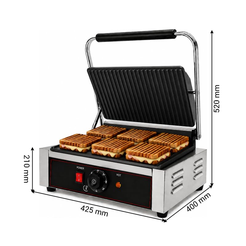 Grill Panini Professionnel Électrique - Plaques Rainurée/Lisse - 2,2 kW - Température 0 à 300°C - Large Surface de Cuisson