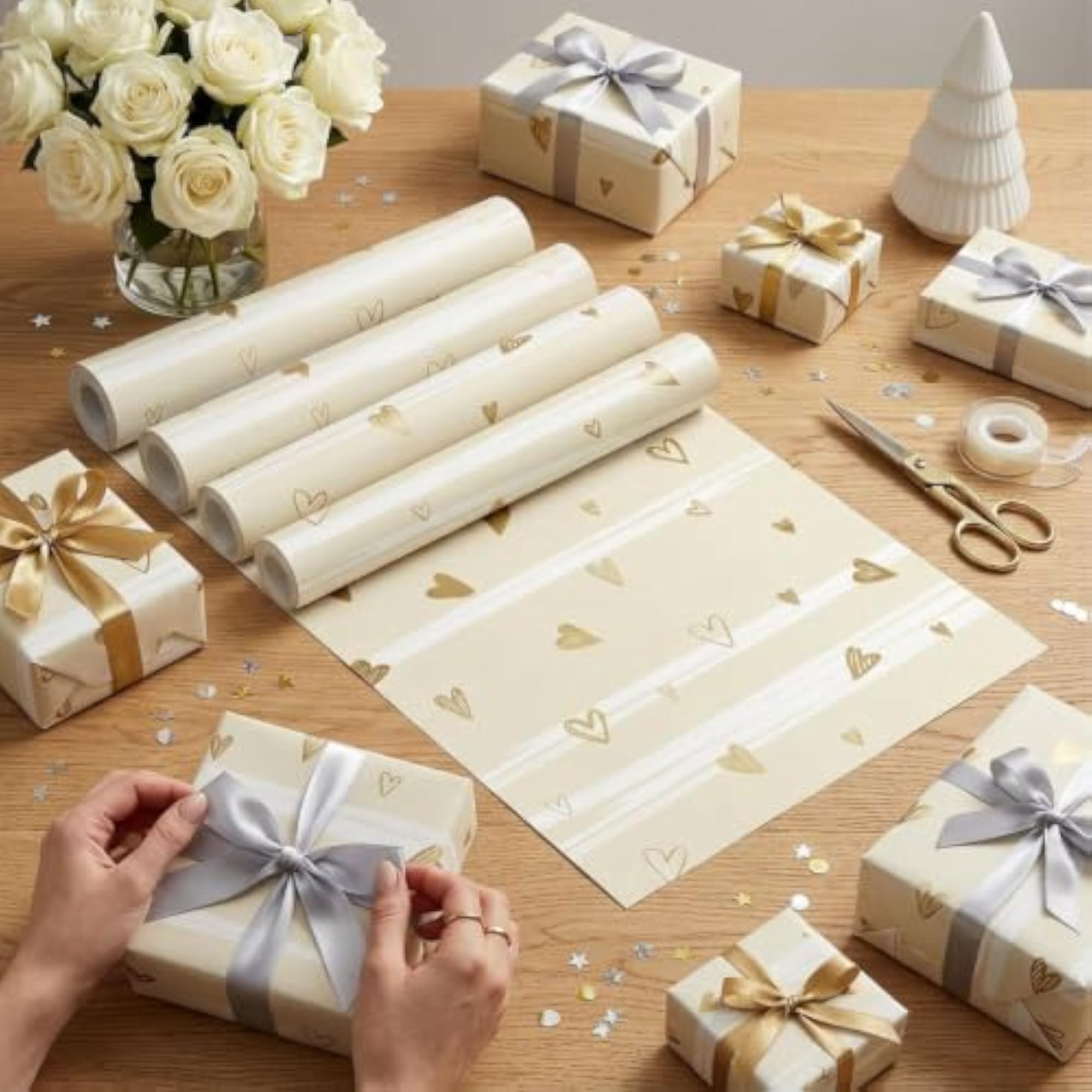 Golden Heart Gift Wrapping Paper Pack of 5, Eco-Friendly