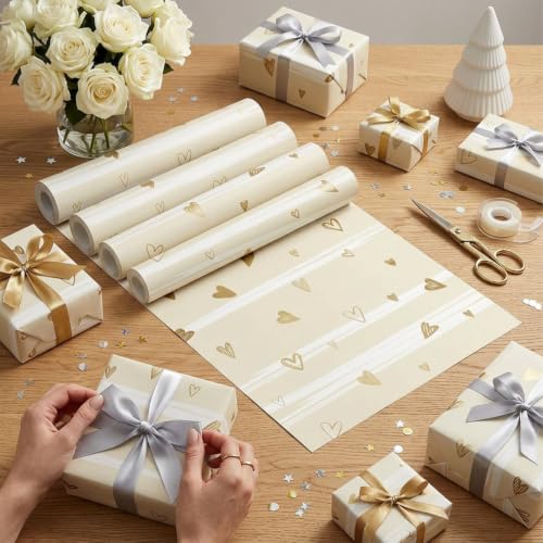 Image of Perttykrafts Golden Heart Gift Wrapping Paper | Pack of 5 | 70x50x0.2 cm | Large Size | Reusable & Eco-Friendly Paper Bags for Gifting, Parties, Return Gifts, Shopping and Special Occasions