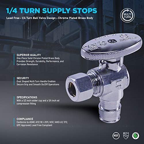 Image of Midline Valve G-81512QS-OM-5 Water Supply Stop Valve with Quarter Turn Wheel; Angle Shut-off for Toilet, Sink, Dishwasher; 1 /2'' PEX A x 3 /8'' Compression; Chrome Plated Brass (5 PK)