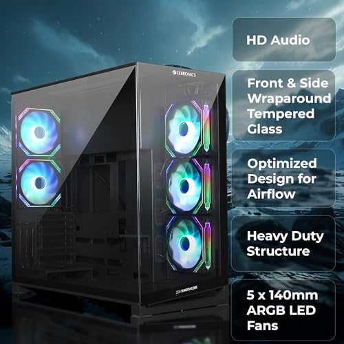 Image of Zebronics Premium Gaming Case, Full-Tower, EATX, ATX, 5 ARGB Fans, Upto 480mm AIO Support, Type-C, USB 3.0, Vertical GPU, Dual Chamber, Magnetic Dust Filter (Shadowcore, Black)