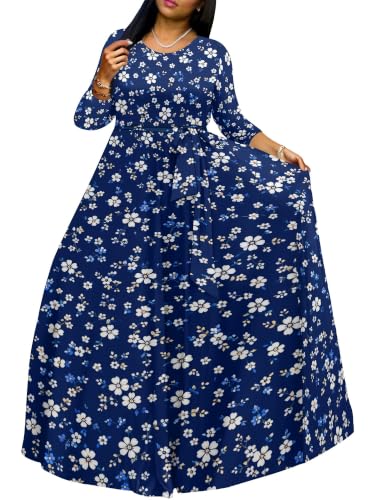 Image of Women Plus Size Long Sleeve V Neck Maxi Dress with Belt | Soft fabric relaxed fit three quarter sleeve v neck with pockets for party and daily wear
