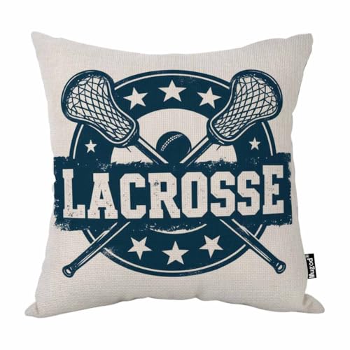 Mugod Lacrosse Throw Pillow Vintage Stamp Pattern Helmet Lacrosse Sticks Star Navy Blue Cotton Linen...