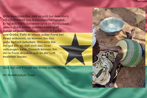 Foto von Großer Bolga Rundkorb Korb Original Afrika Ghana Einkaufskorb Ledergriff Fair Trade Ca : 35-40cm