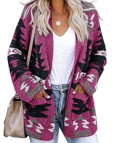 Image of FERBIA Women Boho Cardigan Aztec Open Front Loose Slouchy Sweaters Tribal Long Sleeve Knitted Christmas Jacket Coat