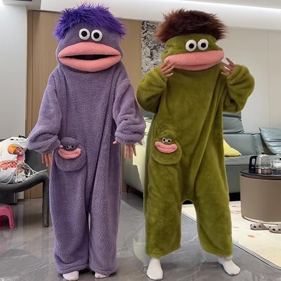 Grünes Monster Onesie für Erwachsene, lustiger Hoodie aus Fleece, kuscheliger Schlafanzug mit Kapuze & Taschen, Unisex Overall für Zuhause, Halloween & Karneval