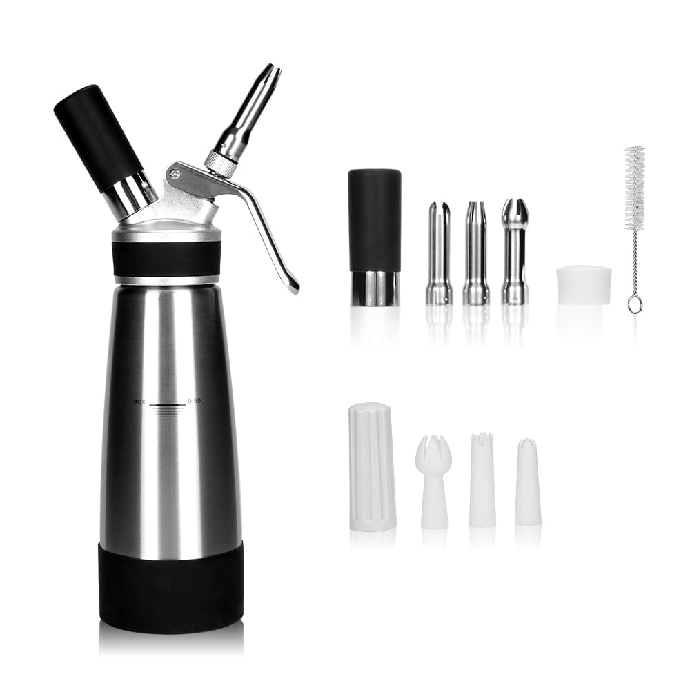 BIEAMA Whipped Cream Dispenser Stainless Steel 1-Pint 500ml, Whipped Cream Maker for Desserts, Sauces, Chocolate, N2O Chargers Not Included, Sliver ABS