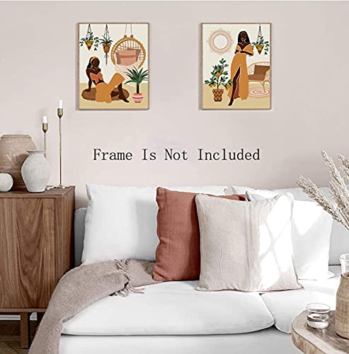 Modern Minimalist Black Woman Leaf Art Painting African American Women Art Painting Black Girl Wall Art Fashion Pop Boho Queen Girl Room Poster Painting Female Bathroom Bedroom Dressing Room Wall Home Decor,Set Of 4 (8"X 10", No Frame #TOP4