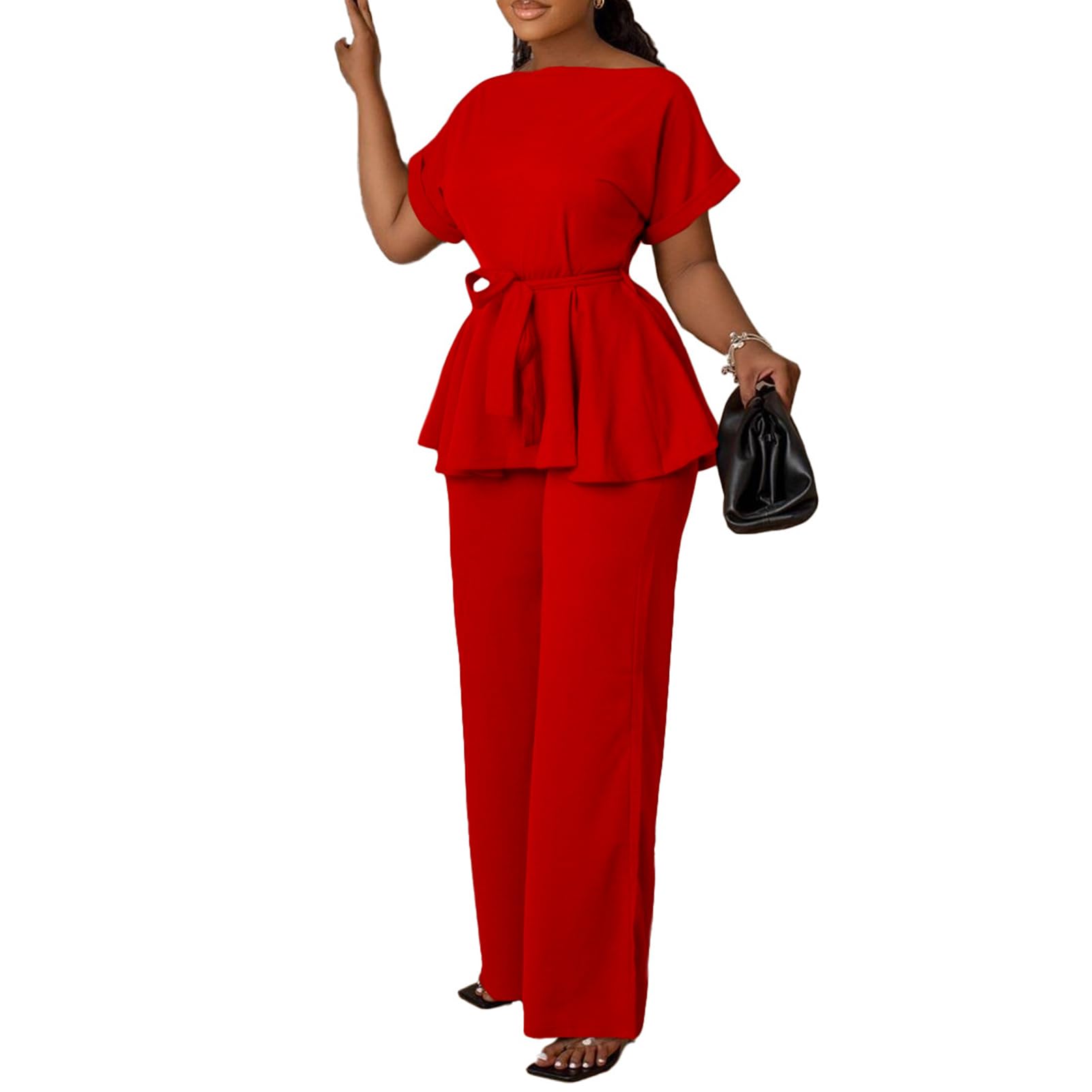 Womens 2 Piece Outfits Suit Set Short Sleeve Peplum Top Flared Pants Sets Business Pantsuits