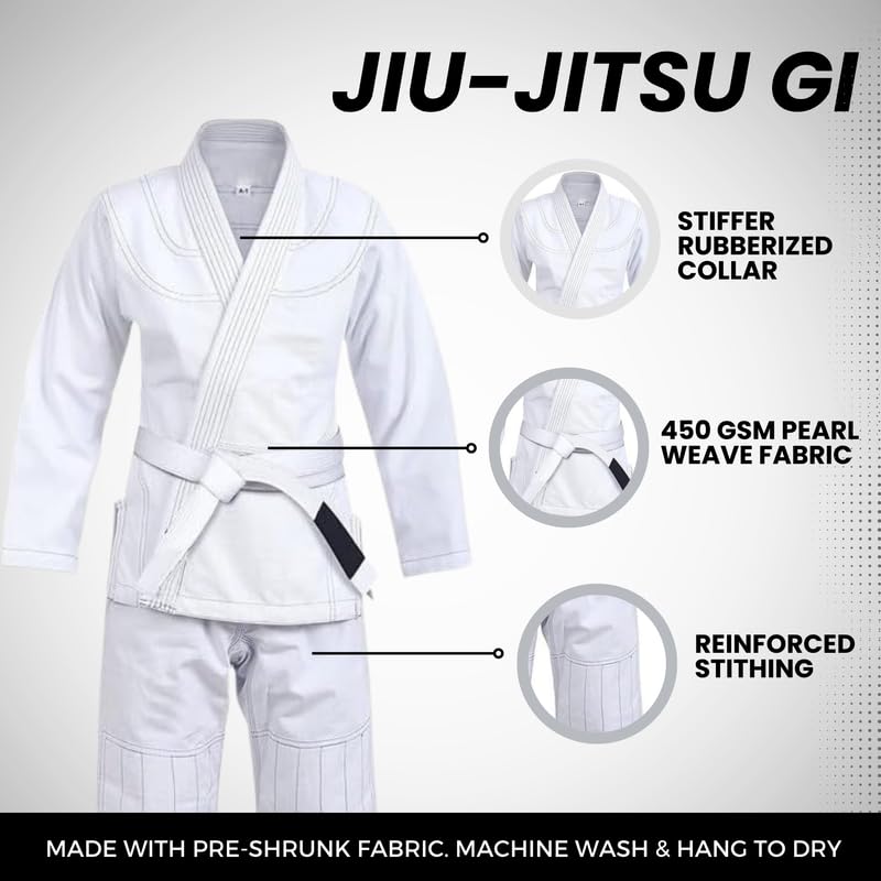 Rightpunch Ultimate Brazilian Jiu Jitsu Gi – Preshrunk Unisex Bjj Gi Lightweight 450 Gsm Cotton Fabric | Perfect Fit for Men Women and Kids | Premium Training Uniform with Comfort Sizing Guide|White