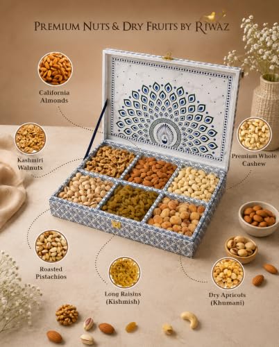 Image of Riwaz Luxury Mor Pankh Dry Fruit Gift Box | 6-in-1 Premium Hamper with Almonds, Cashews, Pistachios, Walnuts, Raisins & Khumani | Ideal for Corporate, Wedding & Festival Gifting (650g)
