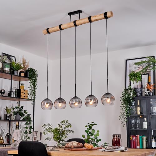 HOFSTEIN Pendelleuchte Koyoto, 5-flammige Hängelampe aus Metall/Holz/Riffelglas in Schwarz/Natur/Rauch/Klar, moderne Hängeleuchte im Boho/Retro-Design mit Holzstab, E27, Esszimmer, Küche, Wohnzimmer