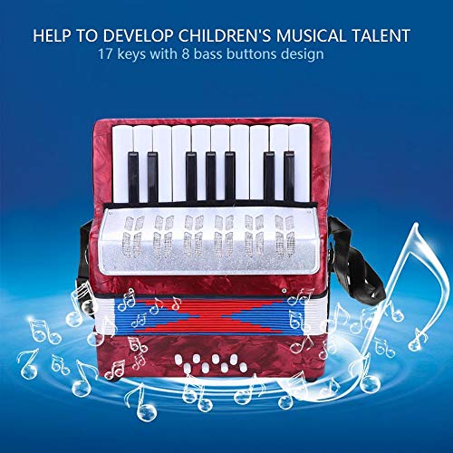 Kids Accordion, 17 Key 8 Bass Piano Accordion Concertina with Adjustable Stra, Lightweight and Tough, Educational Music Instrument Toy Accordian for Beginners Students(red) - Thumbnail 3