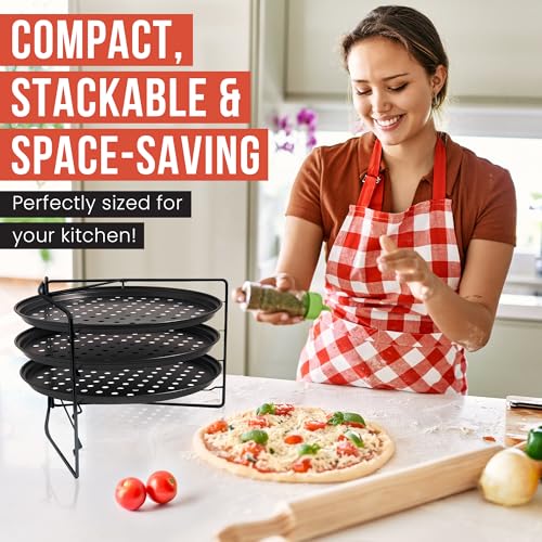 Chef Pomodoro Pizza Baking Set with 3 Pizza Pans and Pizza Rack, (33 cm Pans), Non-Stick Perforated Pizza Trays for Oven, Grill, Pizza Pan with Holes, Pizza Pan for Oven, Barbeque, Bakeware Supplies by Chef Pomodoro - Image 8