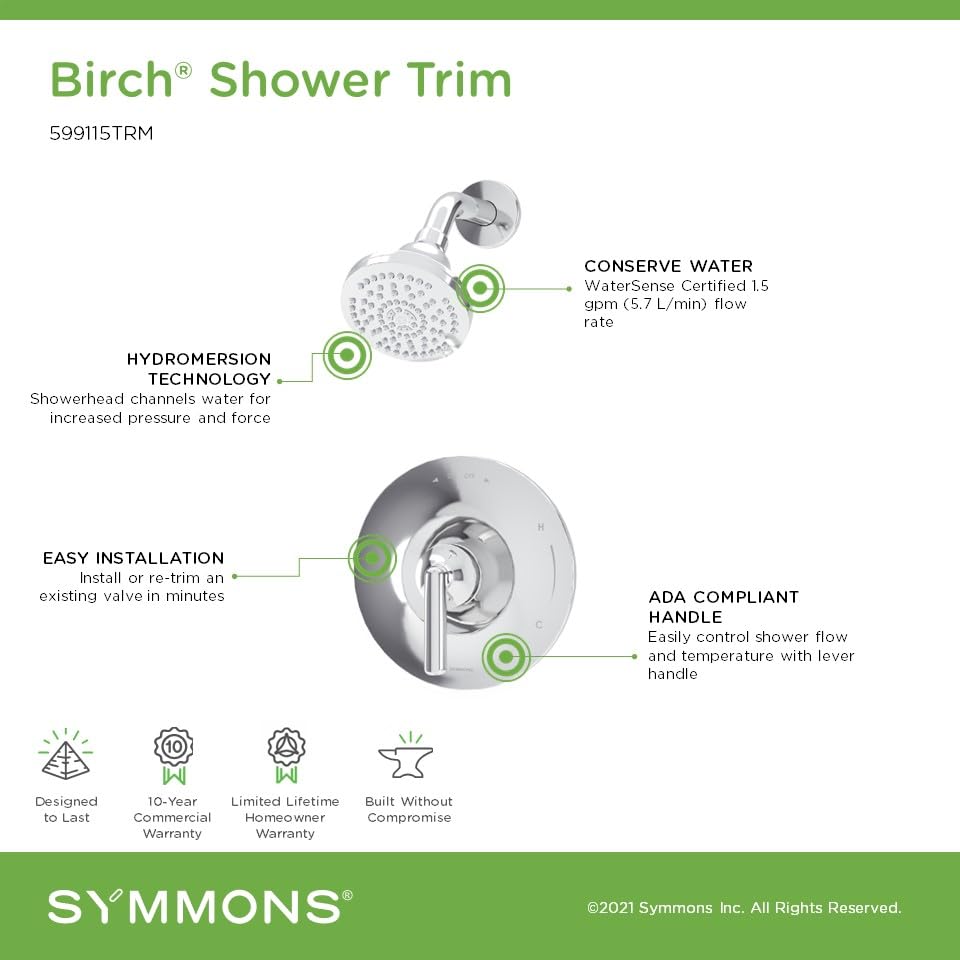 Symmons Birch HydroMersion Kit de Recorte para Ducha de Mango Único | Acabado Cromado Pulido con Platina - 1.5 GPM (Válvula No Incluida) - 599115TRM miniatura 4