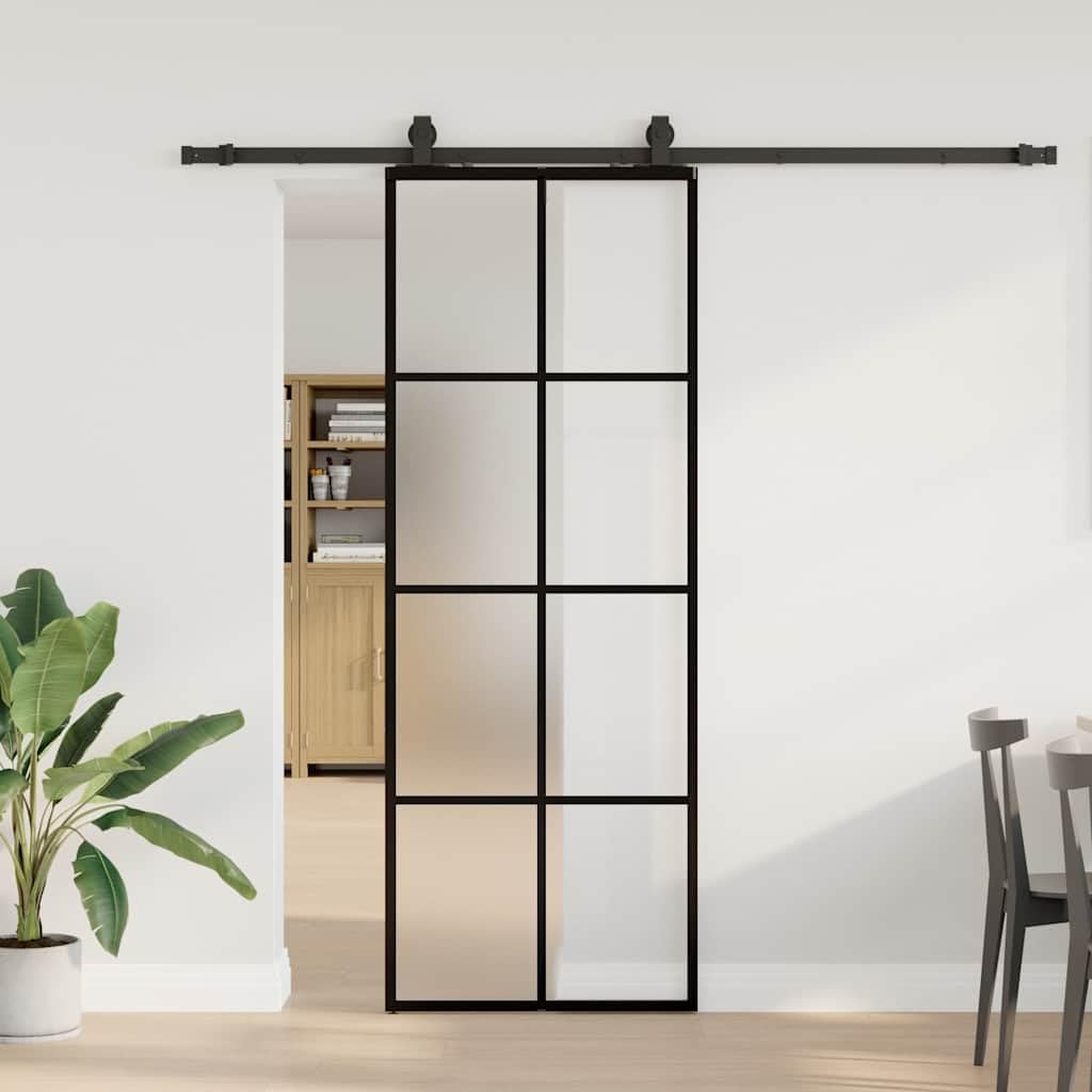 Mangloder - Porta scorrevole con ferramenta nera, 76 x 205 cm, vetro ESG da 5 mm, satinato, acciaio verniciato a polvere, antiruggine, silenziosa, salvaspazio, per stanza, casa, ingresso, appartamento
