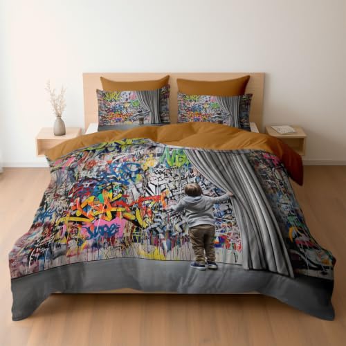 Housse de couette 200x200 cm en microfibre douce style graffiti vibrant