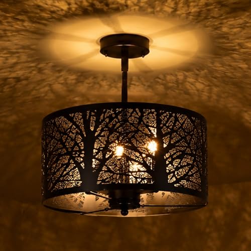 Sunnyin Rustic Semi Flush Mount Ceiling Light, Black Matte Metal Forest Branch Cutout Farmhouse Light Fixtures, 3-Light Industrial Drum Ceiling Light Fixture for Dining Room Kitchen Living Room
