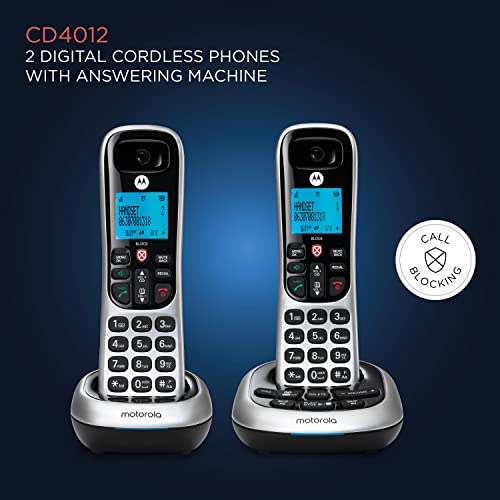 Image of Motorola CD4012 DECT 6.0 Cordless Phone with Answering Machine and Call Block, Silver /Black, 2 Handsets