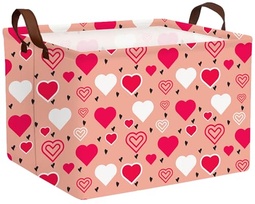 Image of Large Valentine's Day Basket Heart Shaped Storage Bin for Gifts Collapsible Organizer Room Decor (Pink Bottom Red White Love)