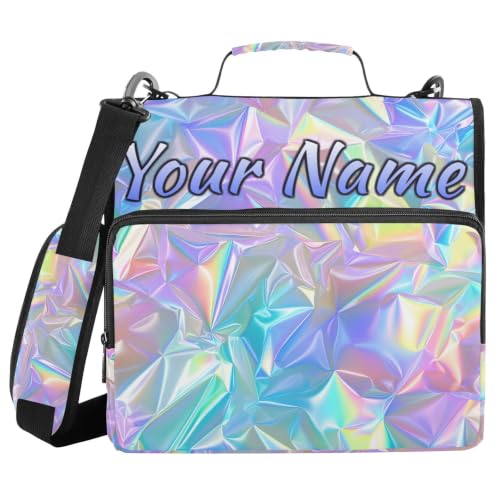 Image of Custom 3 Ring Zipper Binder Holographic Rainbow Neon Personalized Name 1.5 Inch Binders Large Capacity Multi Pockets for School Office Supplies