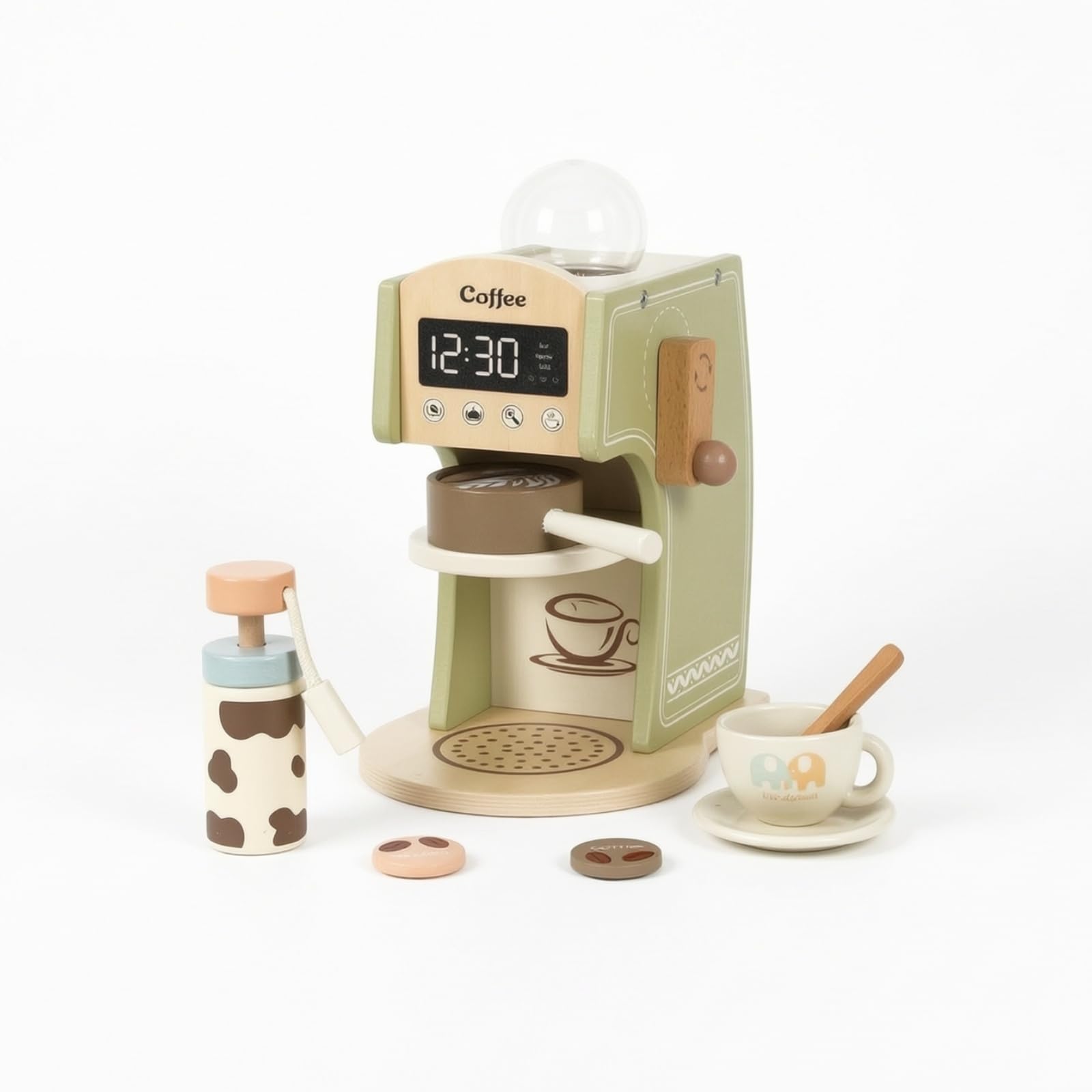 Kinder Spielgerät Holz Kaffeemaschine Küchenmaschine Spielküche Set Zubehör Haptisches Drehrad Und Hebel Fördern Motorik für Vorschule Kindergarten , Grün , Kaffeemaschine