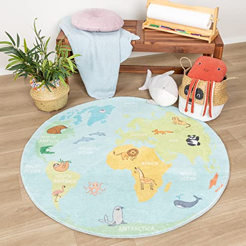 FRAAI | Home & Living Kinderteppich Rund - Globe Hellblau Ø 100cm - - Sonstige - - Kinderzimmer, Babyzimmer - Jungen - Mädchen - Carpet