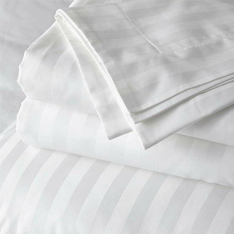 Image of 400 TC Cotton Plain Stripe Double Queen Size Bedsheet with 2 Pillow Cover (White)