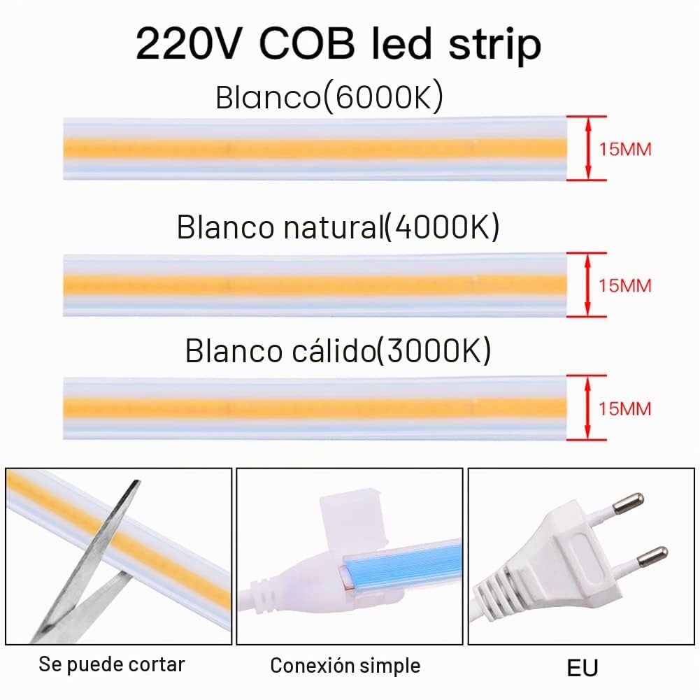 3M Tiras LED COB Directa 220V Sin Transformador IP67 Impermeable Strip Light con Interruptor Blanco Calido 3000K 280 leds/m 15 Watt /m , 3 Metro Tira LED Para Interior Exterior (Blanco Calido, 3)