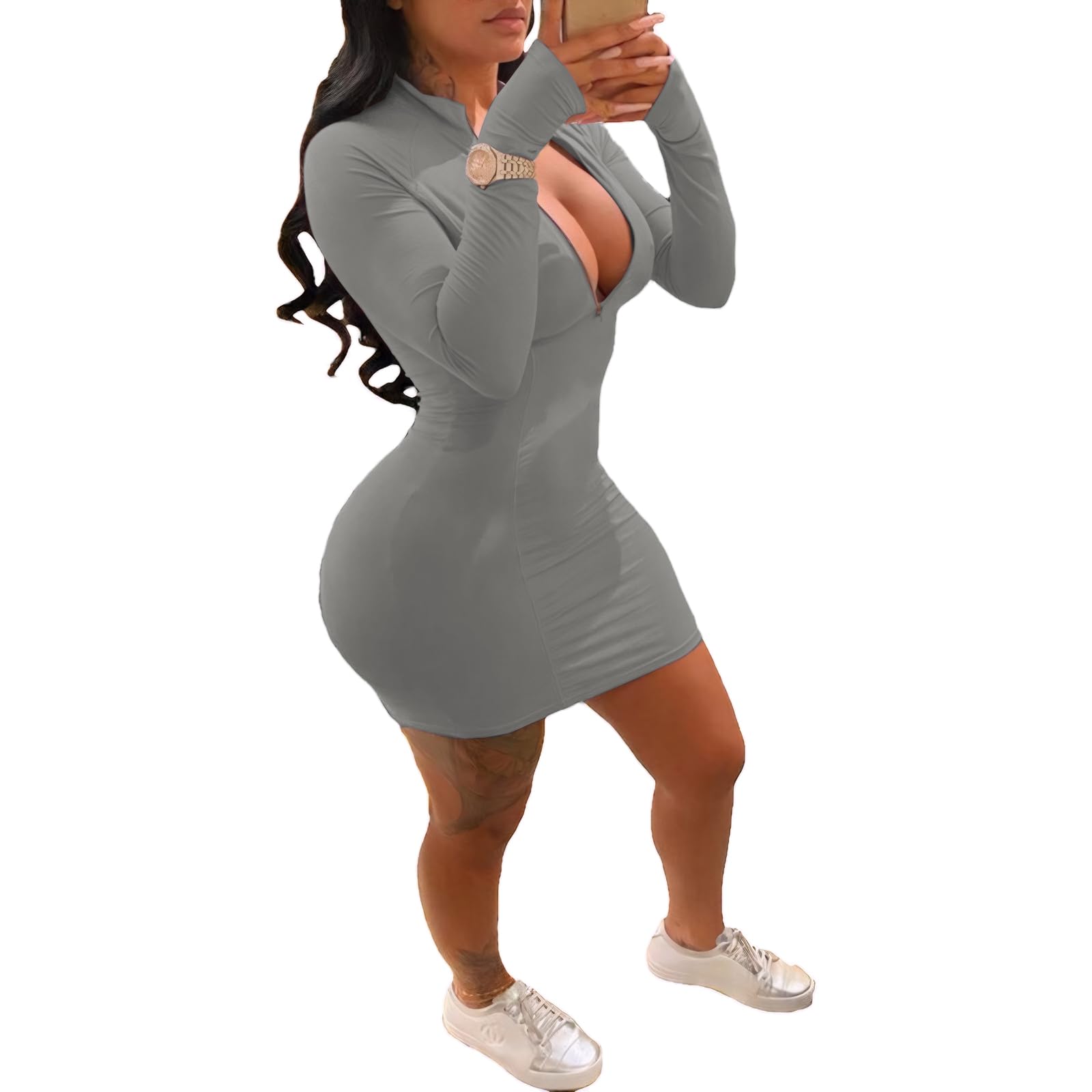 TINYHI Front Zipper Bodycon Dress Party Long-Sleeve Club Dresses