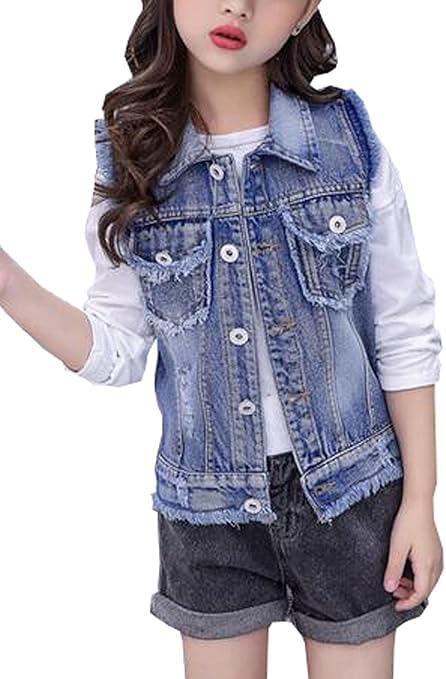Girls Casual Ripped Denim Vest Jacket Burr Childs Turn Dwon Collar Vest Jeans Tops Sleeveless Jackets Trendy Outwear2